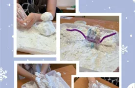 Dzieci robią bałwanki z białej masy plastycznej na tacy.