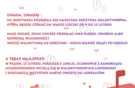Plakat informujący o szkolnej poczcie walentynkowej w klasach 1–3. Na jasnoróżowym tle widoczne są serca, koperty oraz czerwona skrzynka pocztowa. Tekst zawiera informacje o terminach wrzucania walentynek i ich doręczeniu przez samorząd uczniowski.