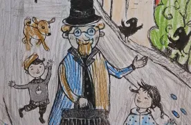 Kolorowy rysunek przedstawiający postać Doktora Dolittle w otoczeniu dzieci i zwierząt