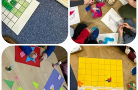 Dzieci układają klocki, tworzą prace plastyczne i rozwiązują zadania matematyczne