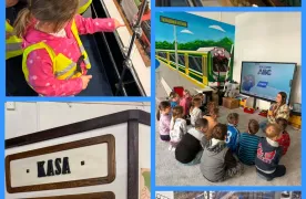 kolaż zdjęć z wizyty uczniów klas 0 w Stacji Muzeum
