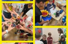 Kolaż przedstawiający uczniów klas 3a i 3b podczas wspólnego przygotowywania galaretek z sezonowymi owocami. Dzieci kroją owoce, dekorują desery i współpracują przy tworzeniu zdrowych, kolorowych przekąsek.