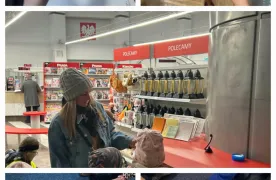 Kolaż pięciu zdjęć przedstawiających dzieci podczas zajęć poświęconych poznawaniu zawodów. Uczniowie oglądają pocztówki, uczestniczą w zabawach edukacyjnych z kartami obrazkowymi oraz odwiedzają placówkę pocztową, poznając pracę jej pracowników.