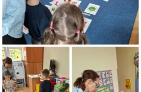 Kolaż trzech zdjęć przedstawiających dzieci podczas zajęć edukacyjnych o tematyce jesiennej. Uczniowie rozpoznają jesienne symbole, dopasowują ilustracje i uczestniczą w zabawie ruchowej na dywanie. Nauczycielka wspiera dzieci w wykonywaniu zadań.