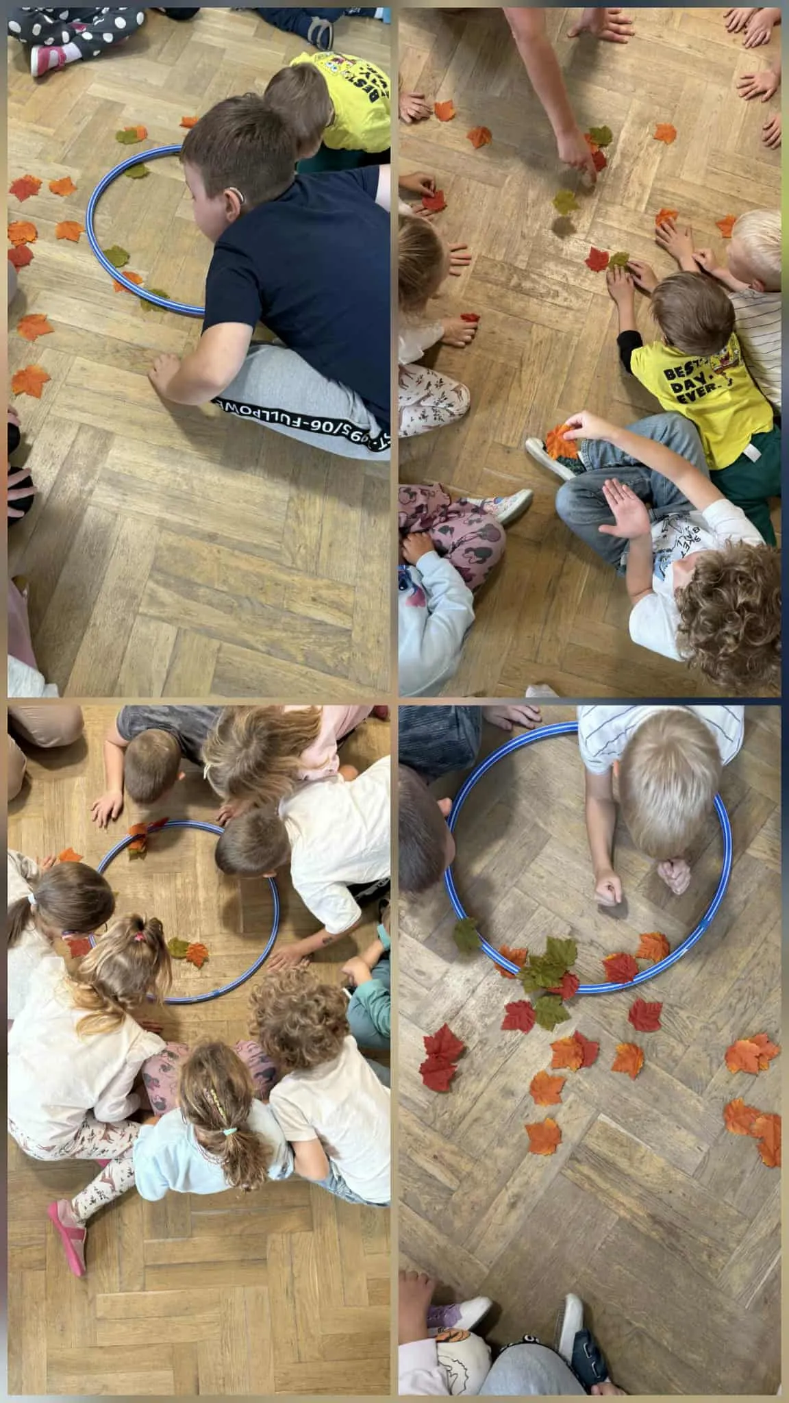 Kolaż zdjęć uczniów układająych liście w obręczy