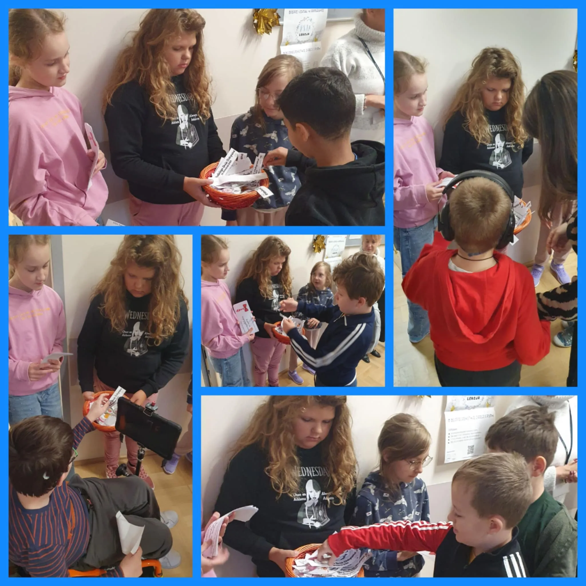 Kolaż zdjęć dziewczynek rozdających prezenty chłopcom