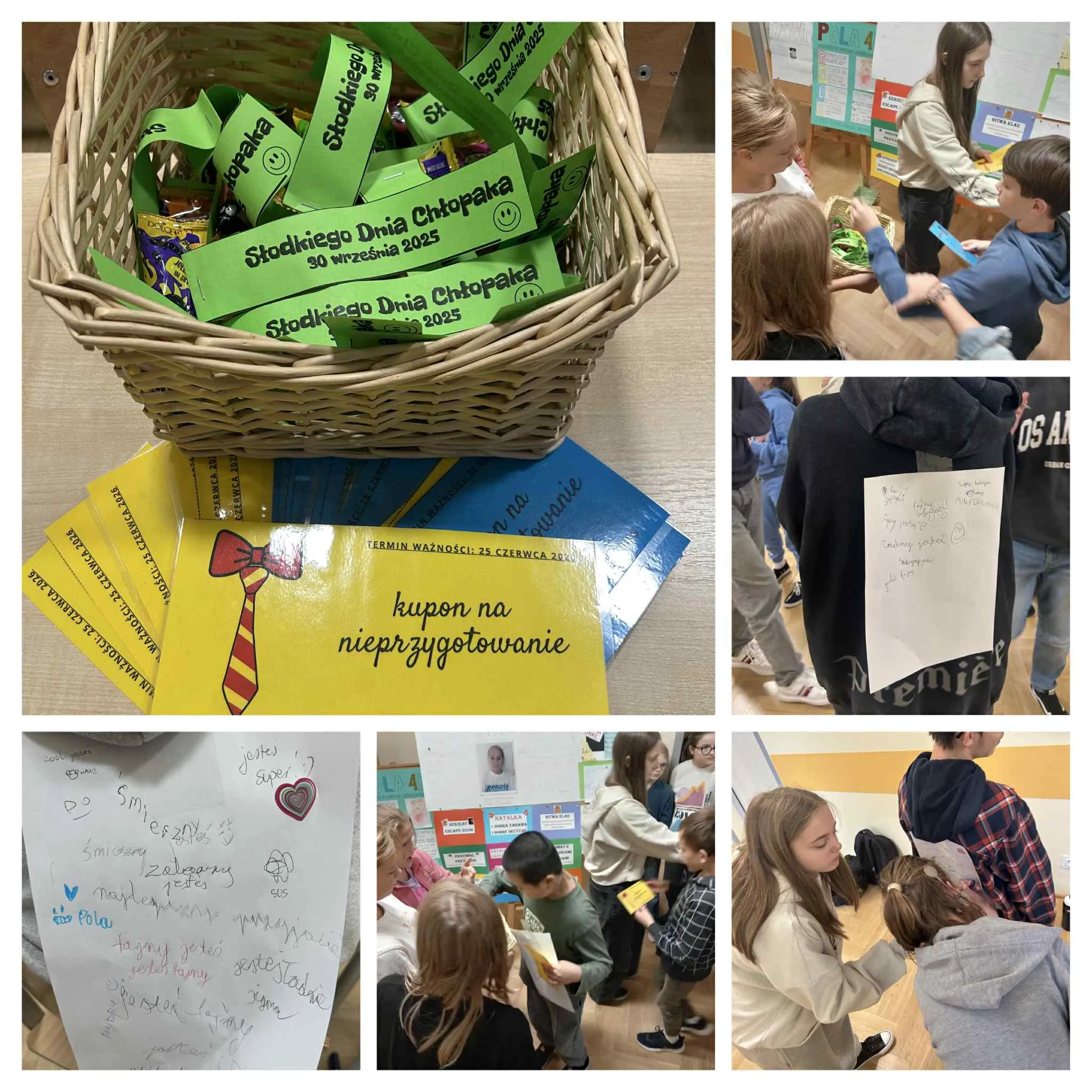 Kolaż zdjęć z dnia chłopaka, dziewczynki dające prezenty chłopcom