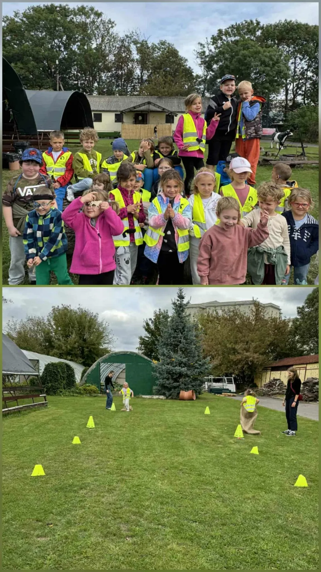 Kolaż zdjęć przdszkolaków pokonujących tor przeszkód