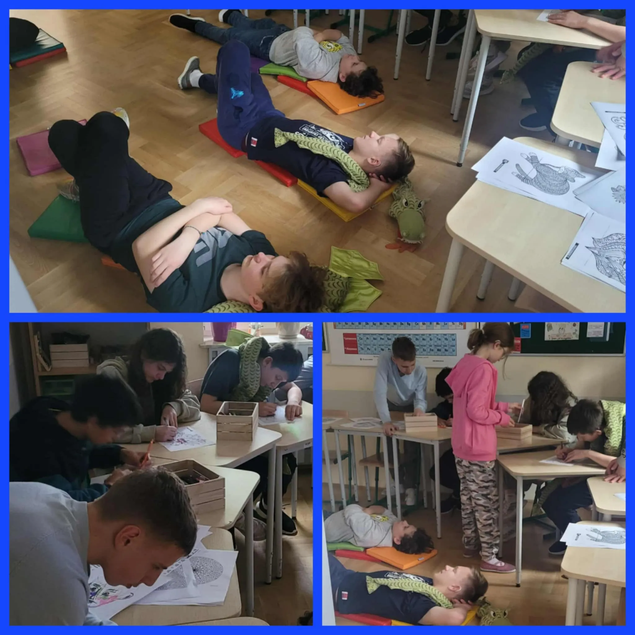 Kolaż zdjęć uczniów z relaksacji