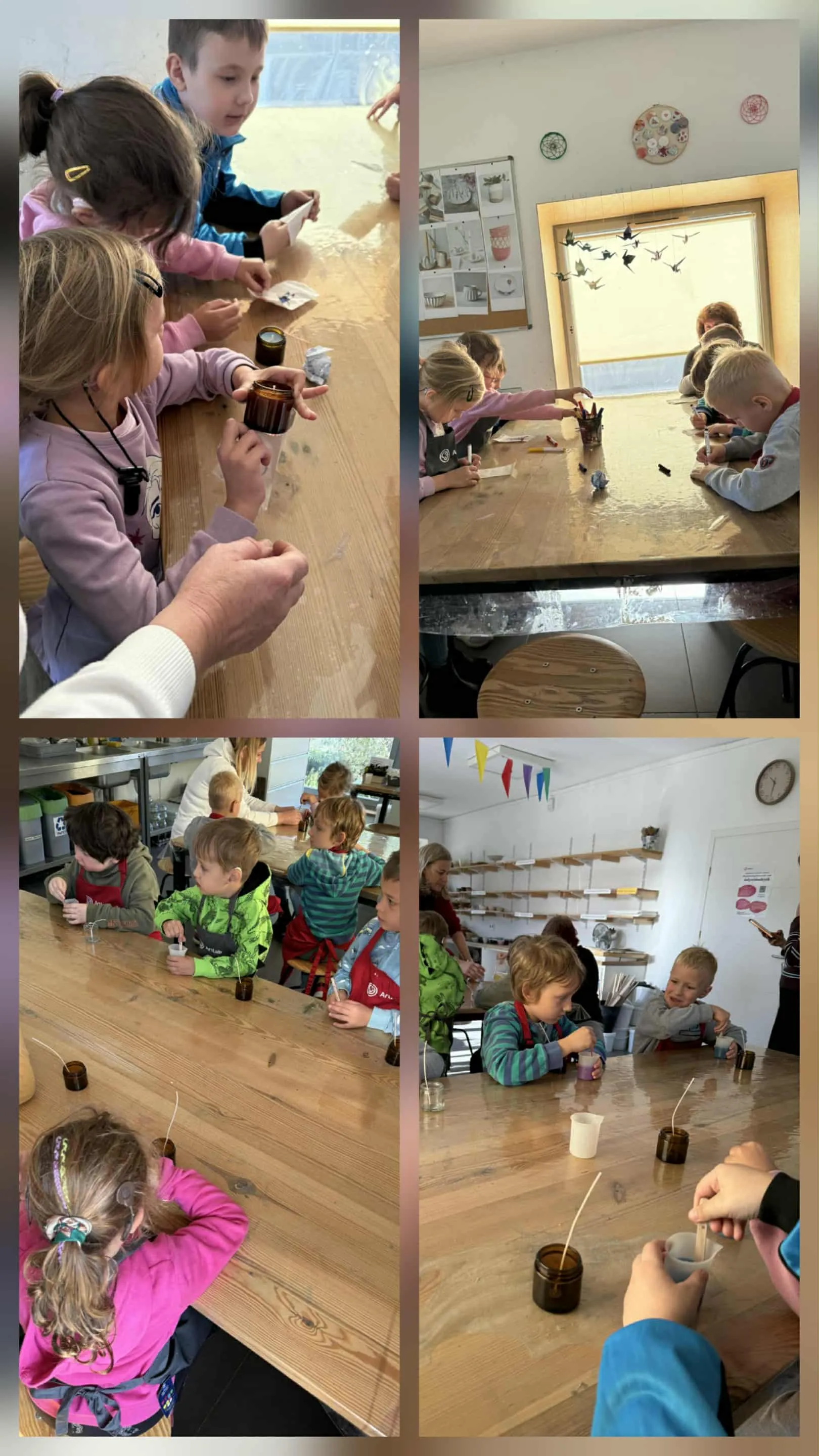 Kolaż zdjęć przedszkolaków robiących zapachowe świeczki