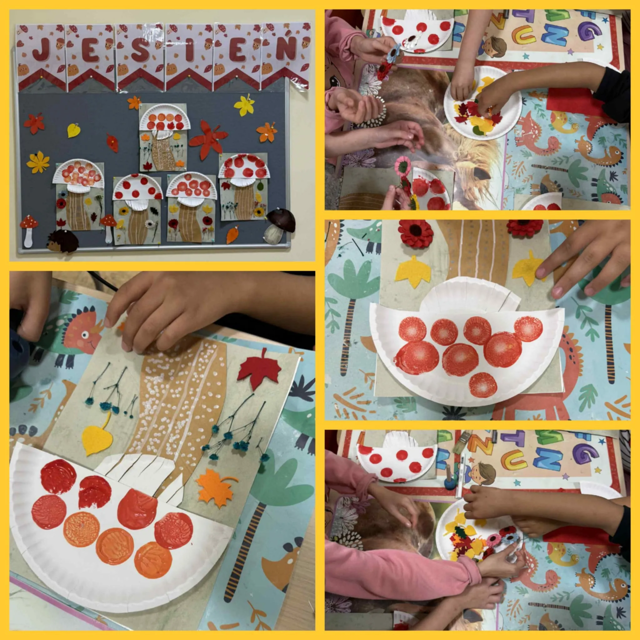 Kolaż zdjęć prac plastycznych - jesienne grzyby