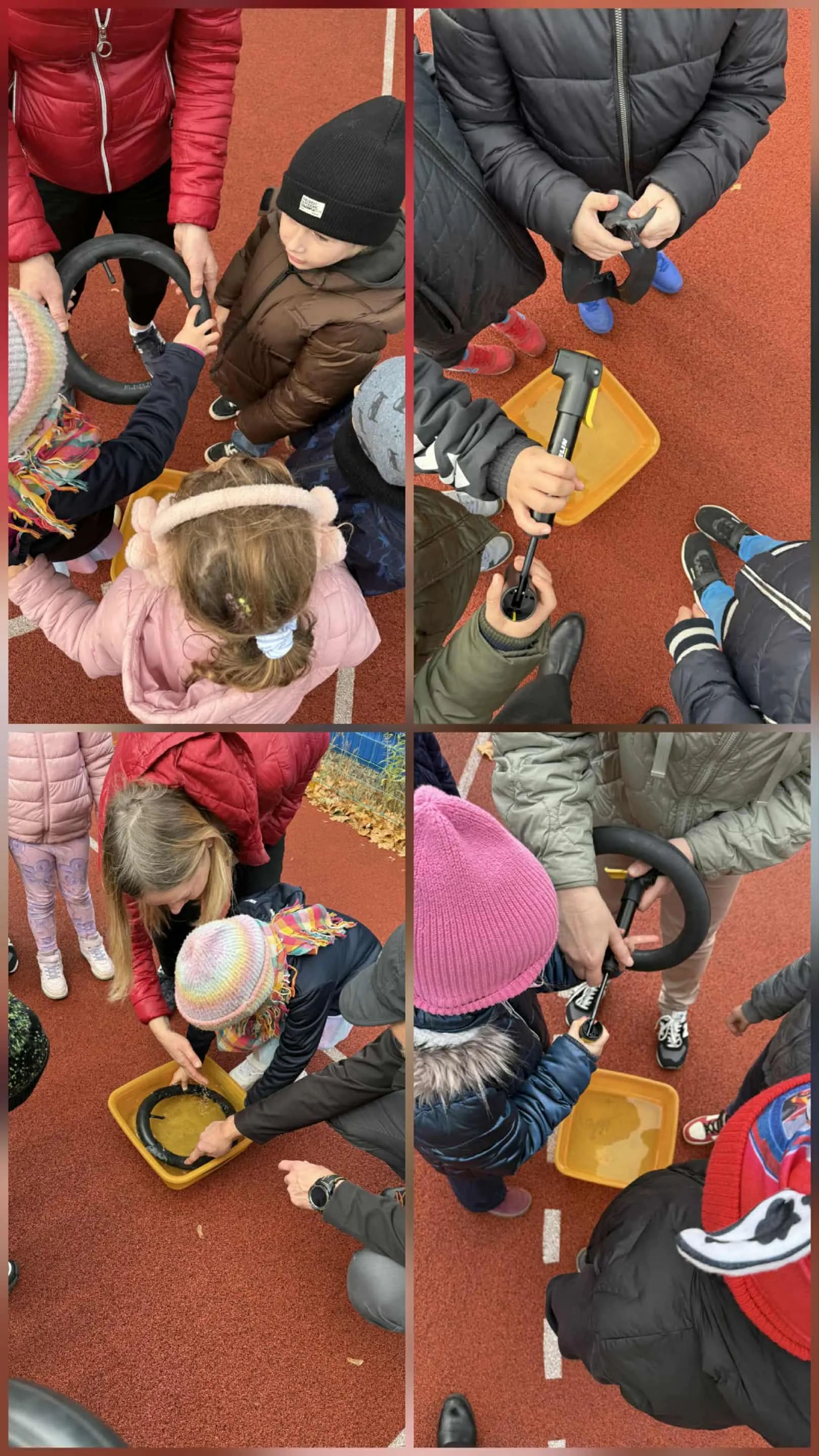 Przedszkolaki pompujące pompką koło od roweru