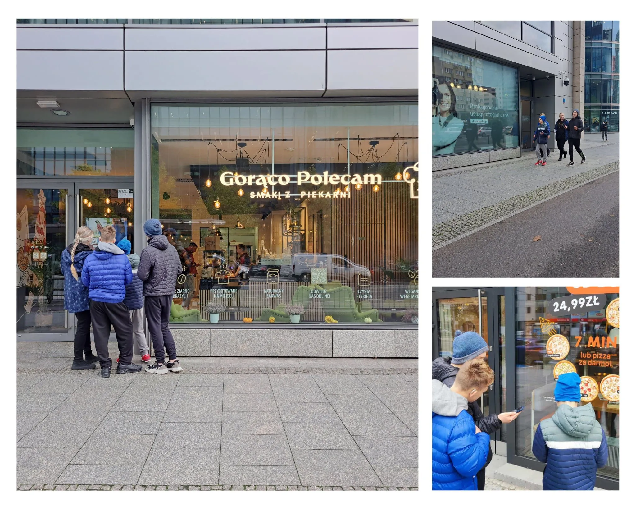 kolaż zdjęć uczniów podczas gry terenowej ulicami Warszawy z matematyki