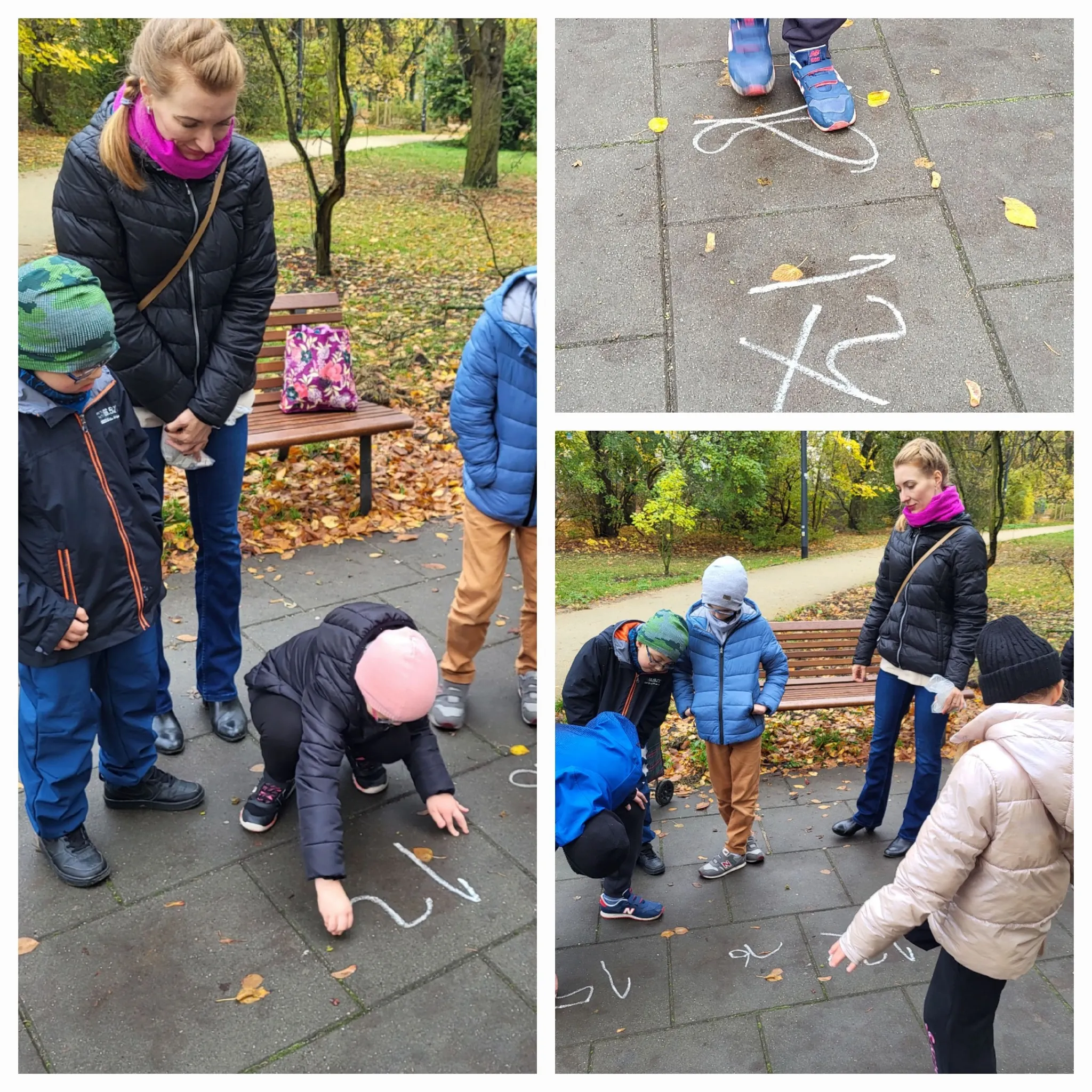 Kolaż zdjęć uczniów piszących kredą