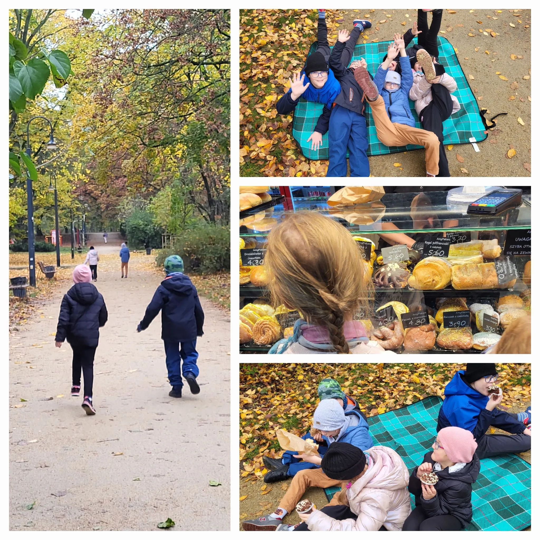 Kolaż zdjęć uczniów odpoczywających na kocu