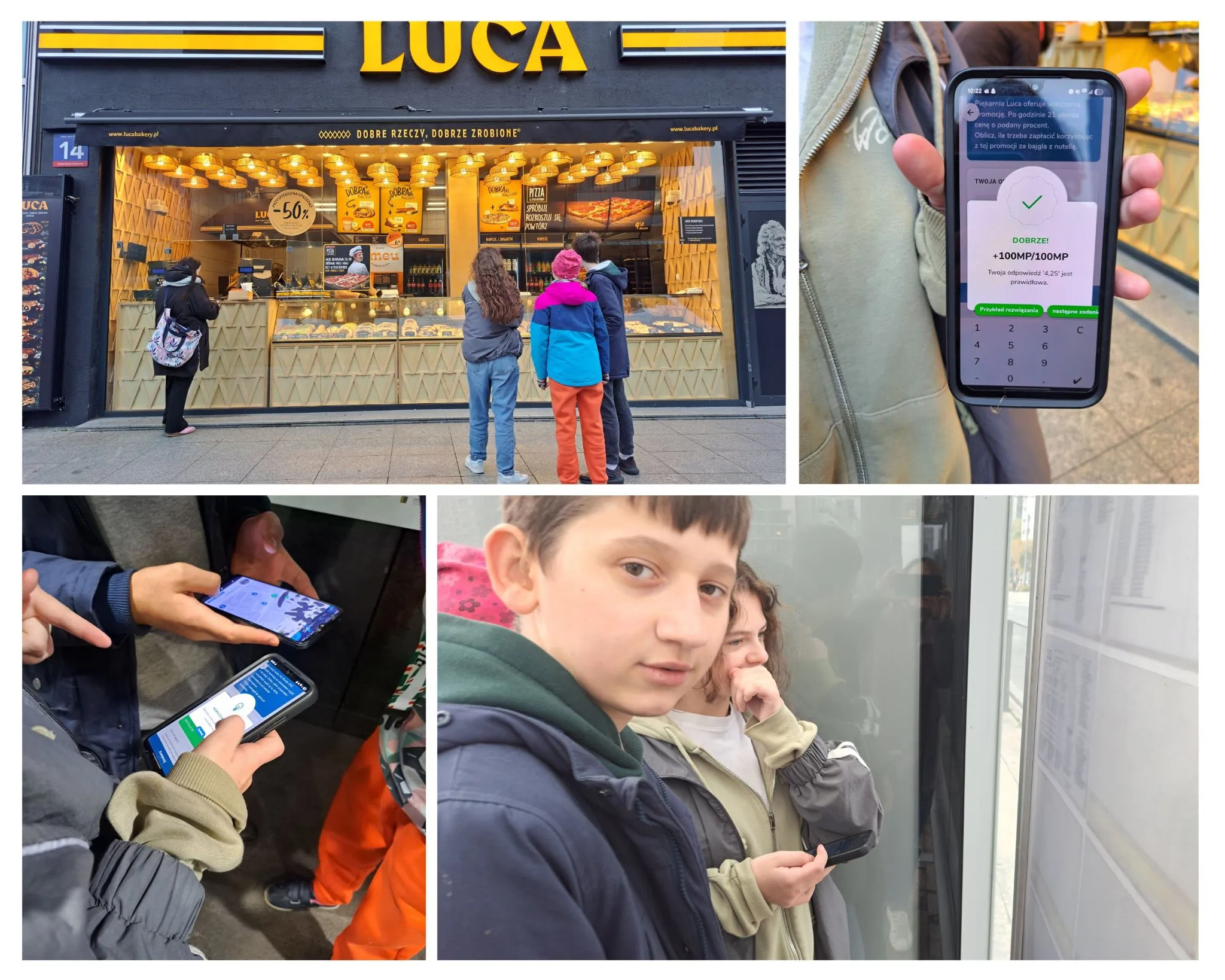 kolaż zdjęć uczniów podczas gry terenowej ulicami Warszawy z matematyki