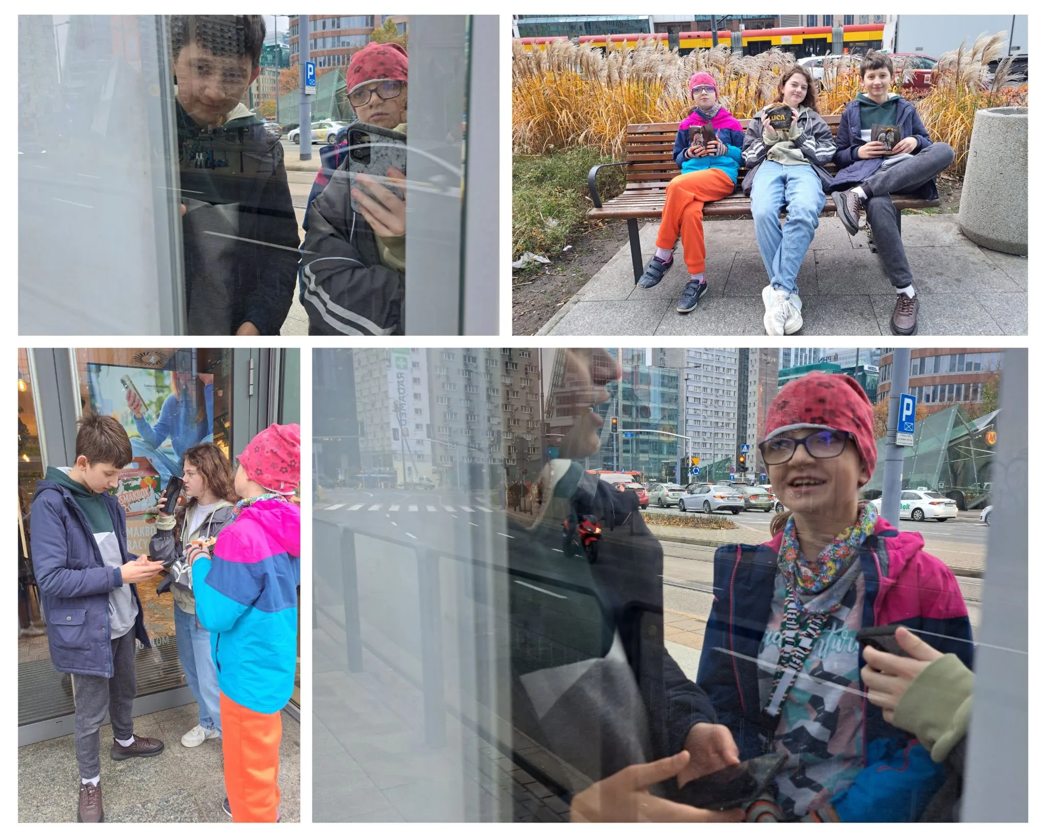 kolaż zdjęć uczniów podczas gry terenowej ulicami Warszawy z matematyki