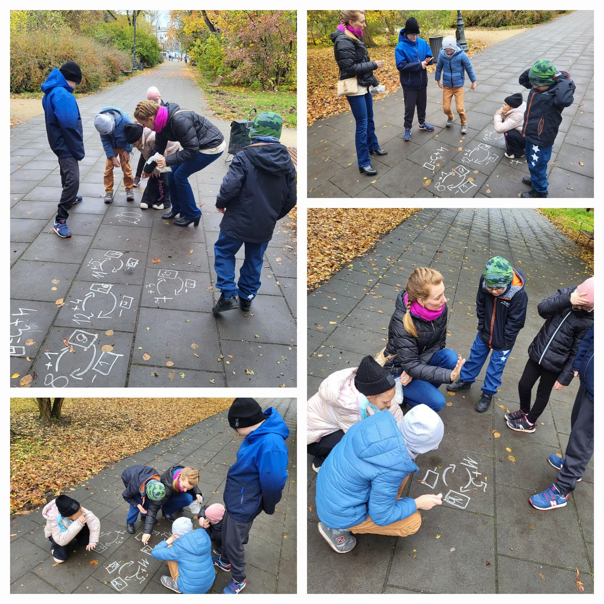Kolaż zdjęć uczniów piszących kredą