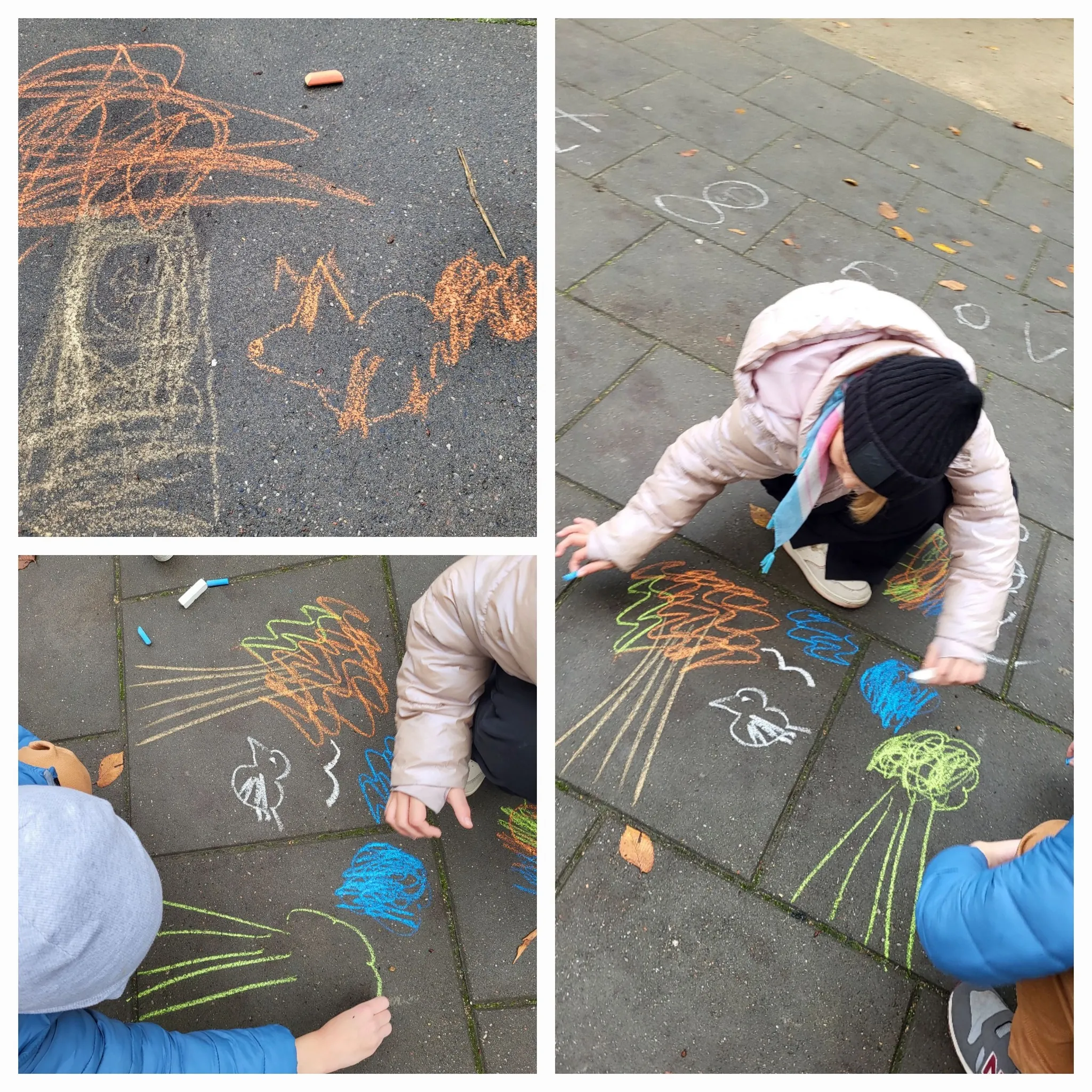 Kolaż zdjęć uczniów piszących kredą