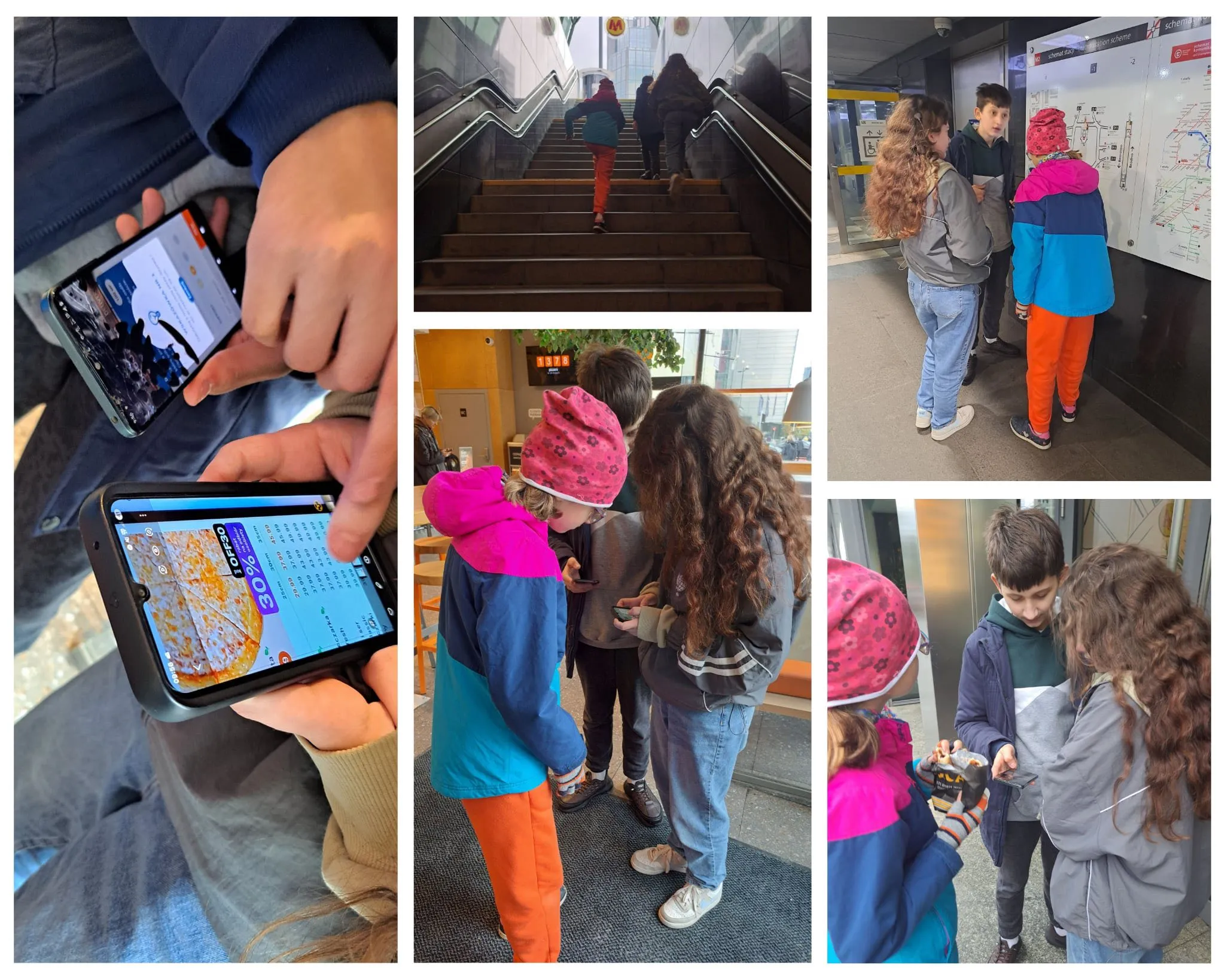 kolaż zdjęć uczniów podczas gry terenowej ulicami Warszawy z matematyki