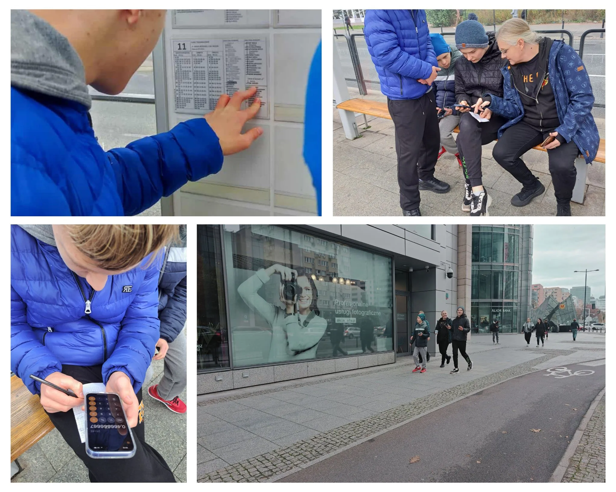 kolaż zdjęć uczniów podczas gry terenowej ulicami Warszawy z matematyki