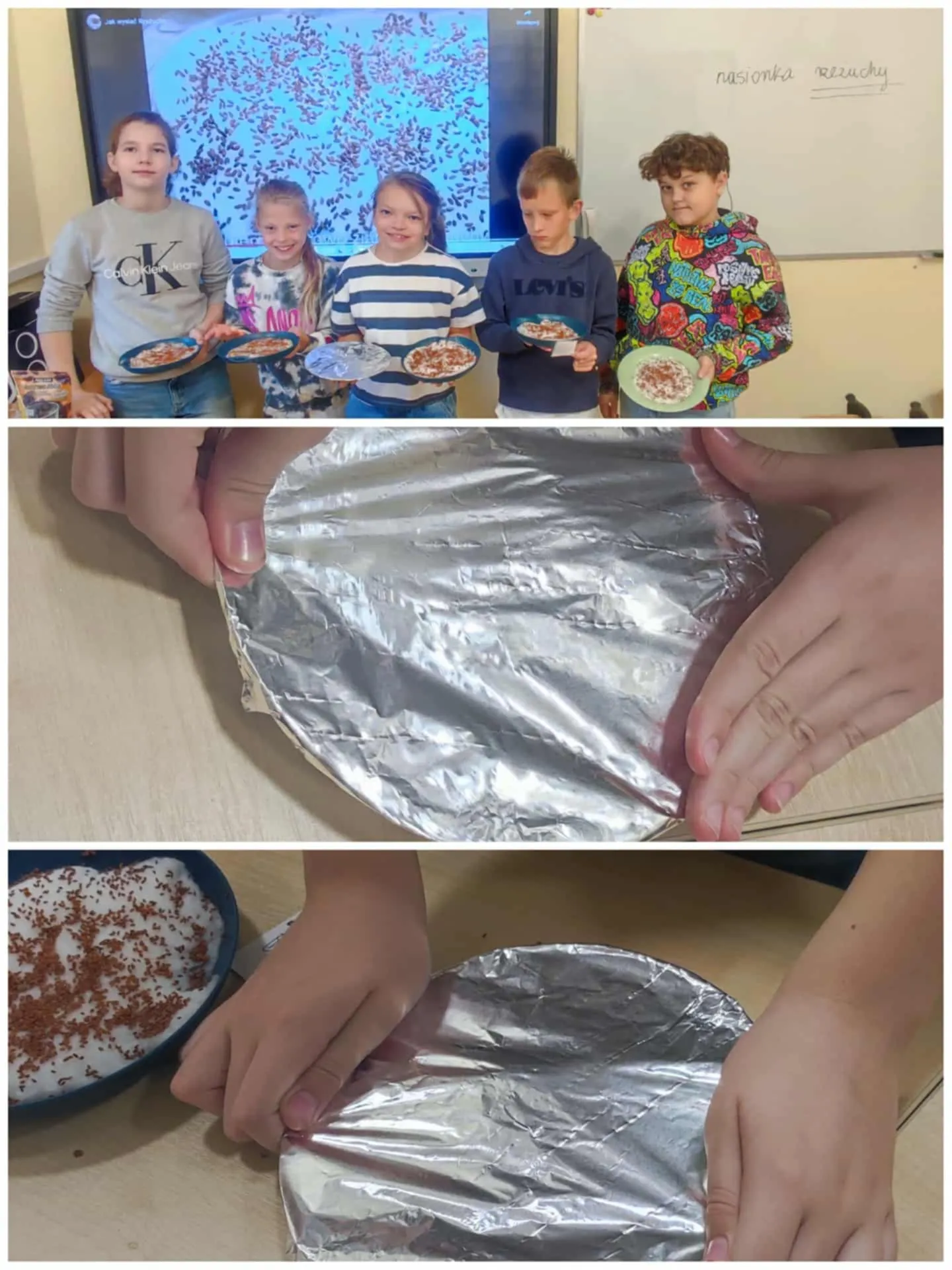 Kolaż zdjęć uczniów którzy zasiali rzeżuchę