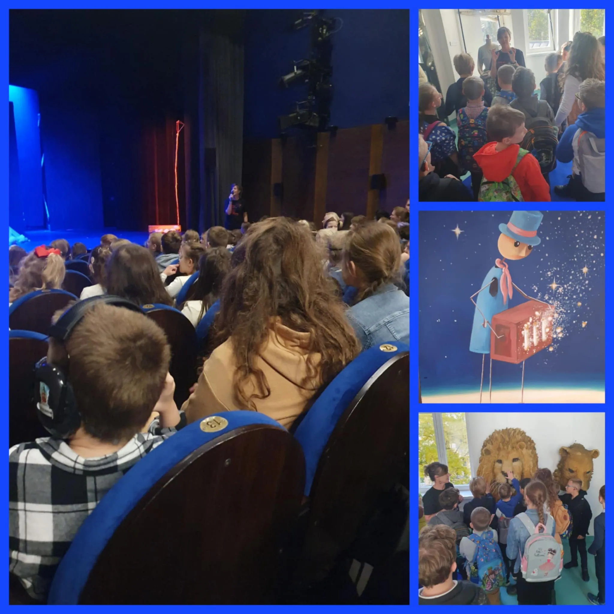 Kolaż zdjęć z wizyty uczniów w teatrze