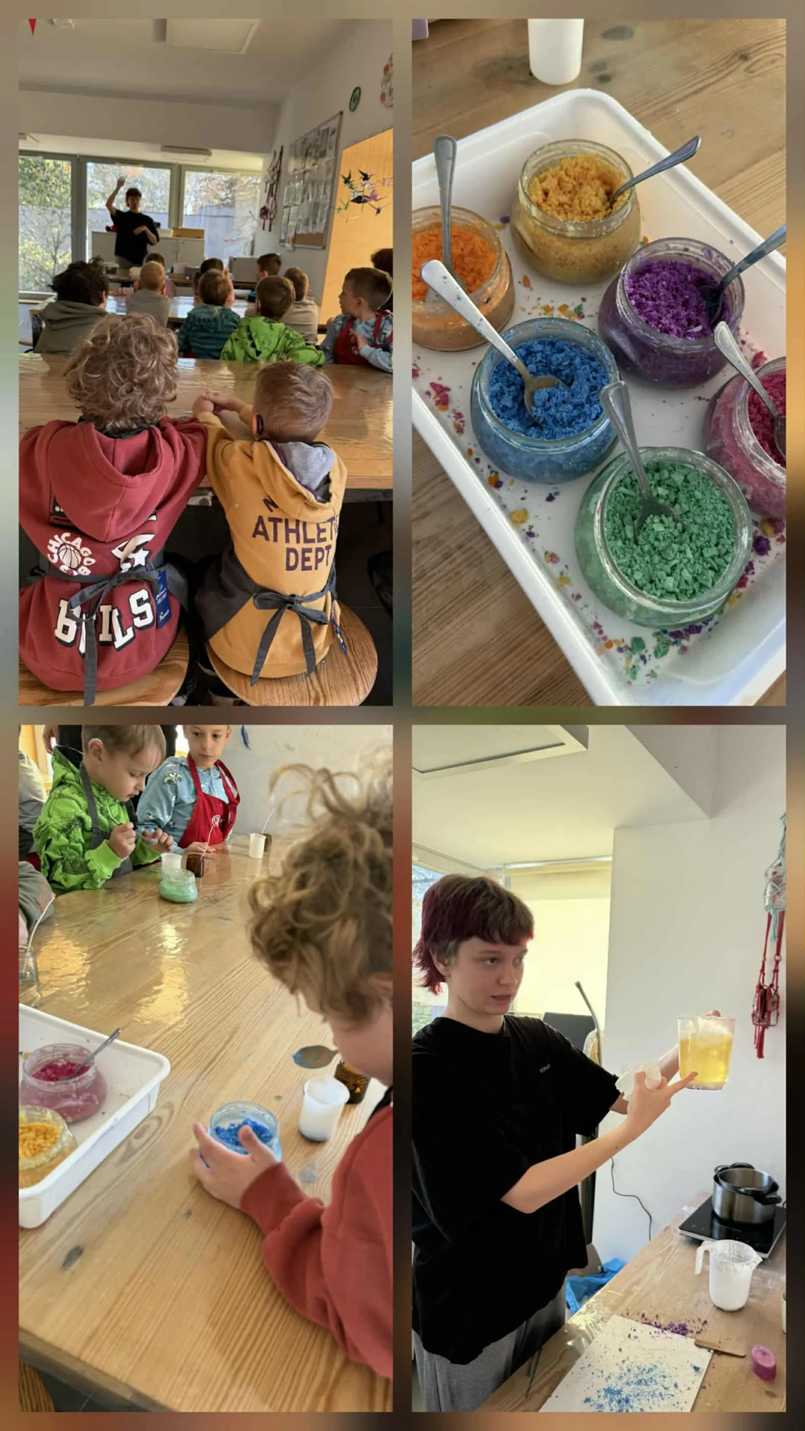 Kolaż zdjęć przedszkolaków robiących zapachowe świeczki