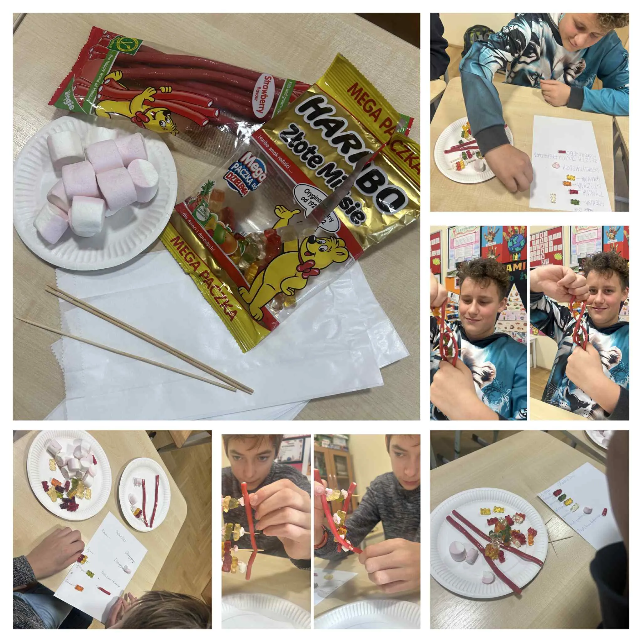 Kolaż zdjęć z robienia łańcuchów DNA z żelek i pianek