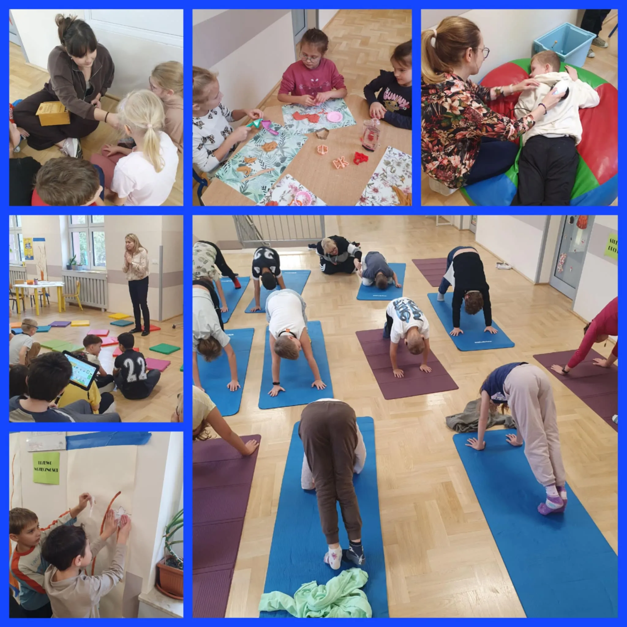 Kolaż zdjęć uczniów z jogi, masażu, zabawy masą sensoryczną