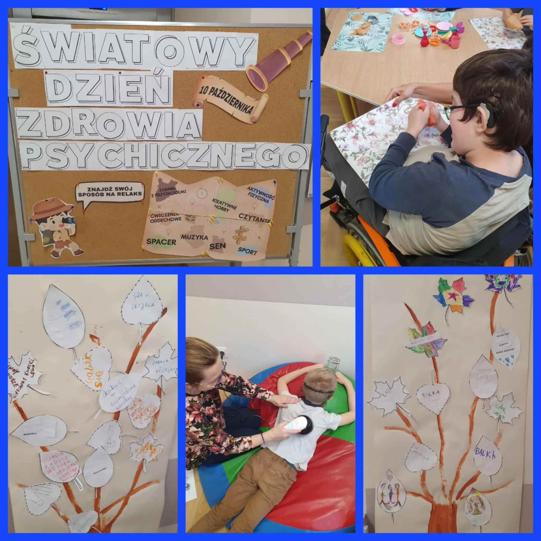 Kolaż zdjęć uczniów z jogi, masażu, zabawy masą sensoryczną