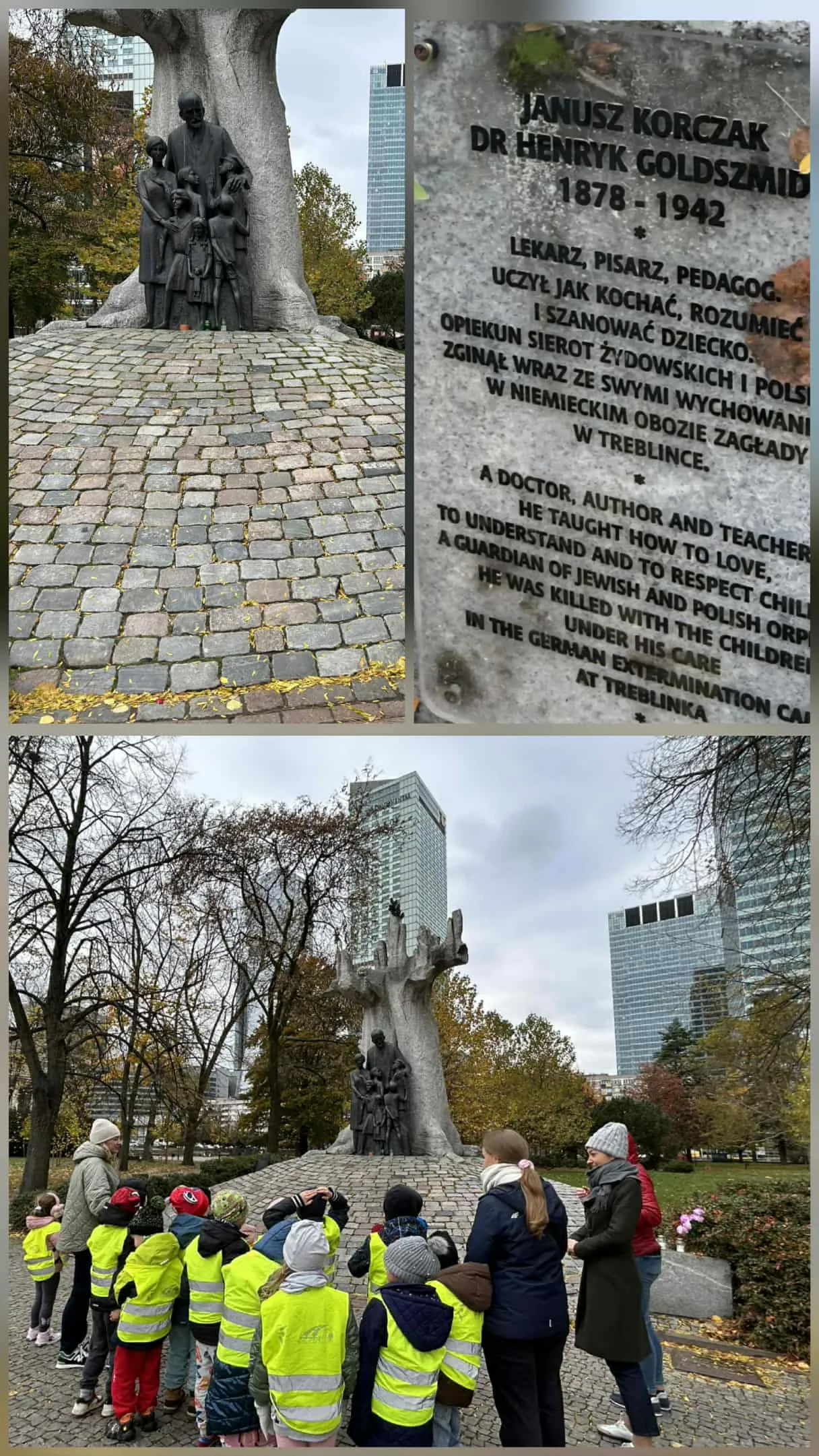 Przedszkolaki pod pomnikiem Janusza Korczaka