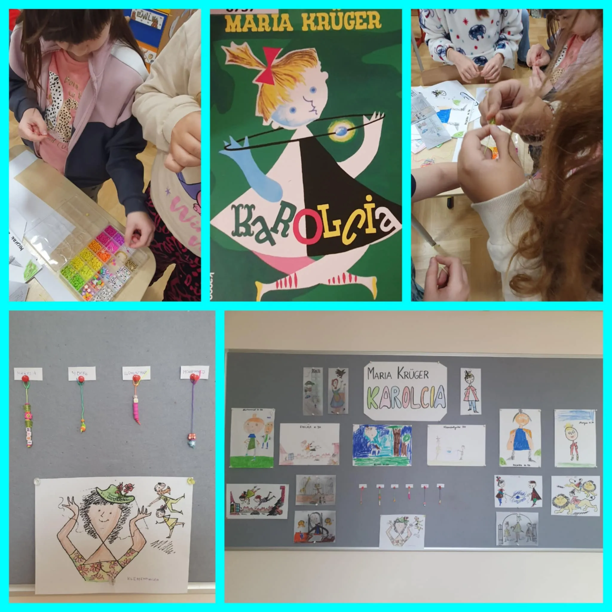 Prace plastyczne i manualne uczniów - tablica z rysunkami i bransoletkami