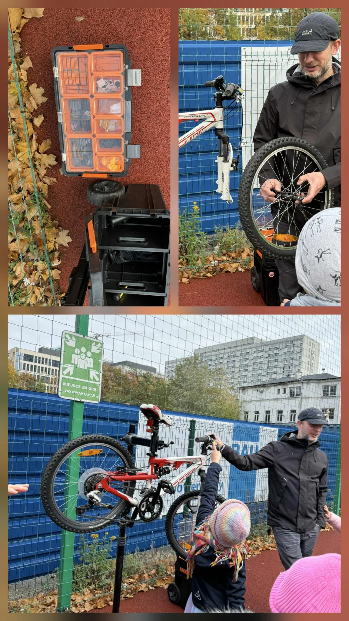 kolaż zdjęć - dzieci oglądające części roweru