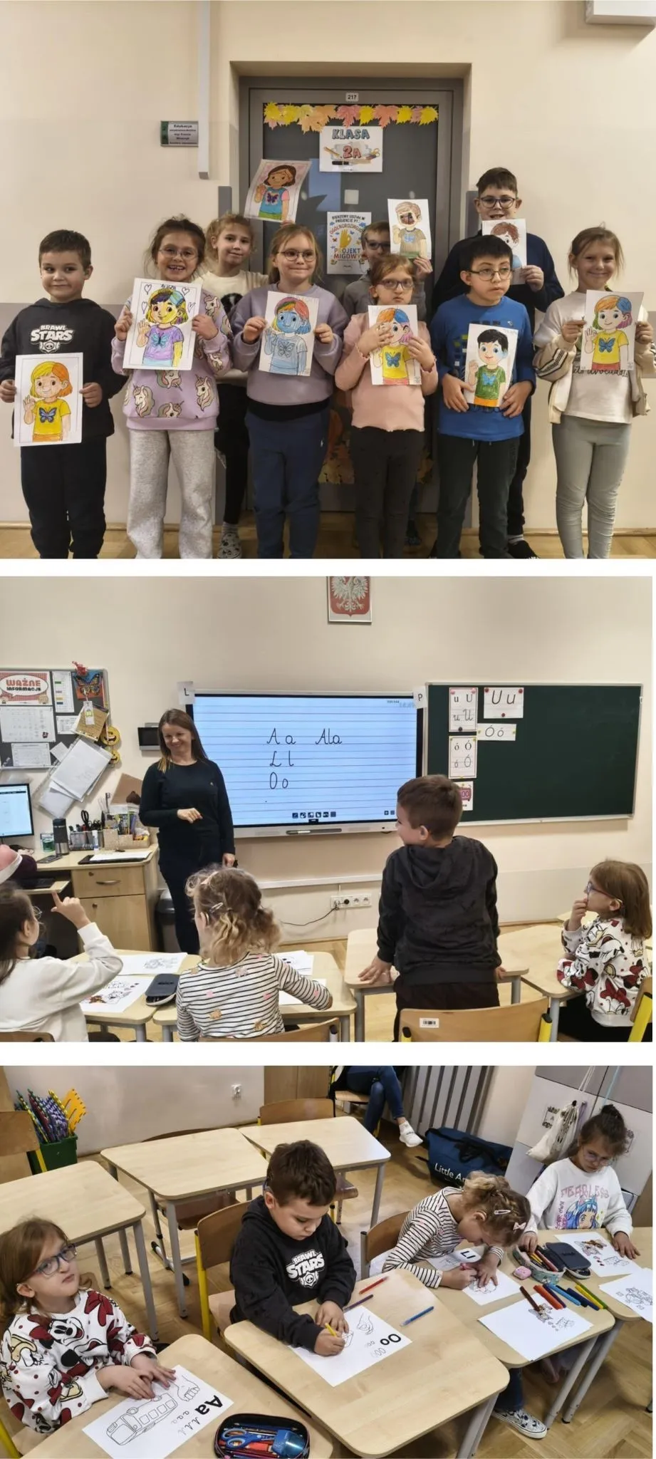 kolaż zdjęć uczniów i nauczycieli podczas uczestnictwa w projekcie Ogólnorozwojowym Projekcie Migowym.