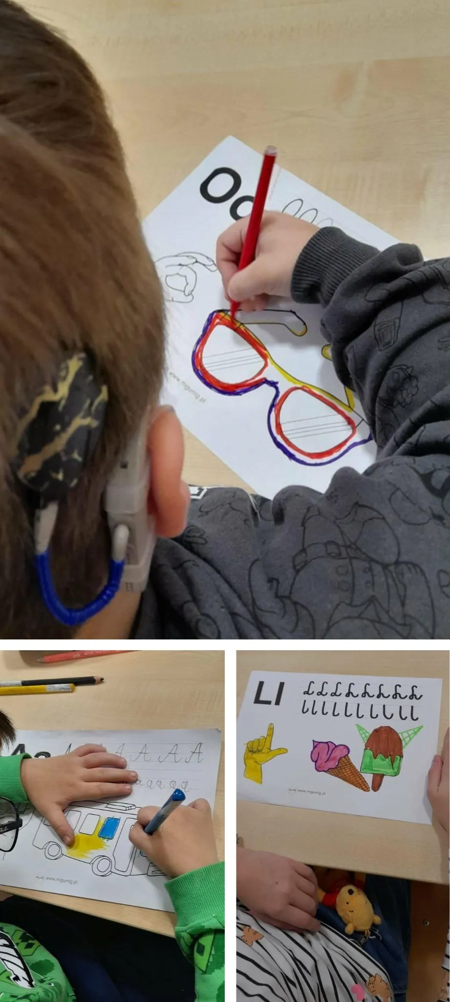 kolaż zdjęć uczniów kolorujących prace