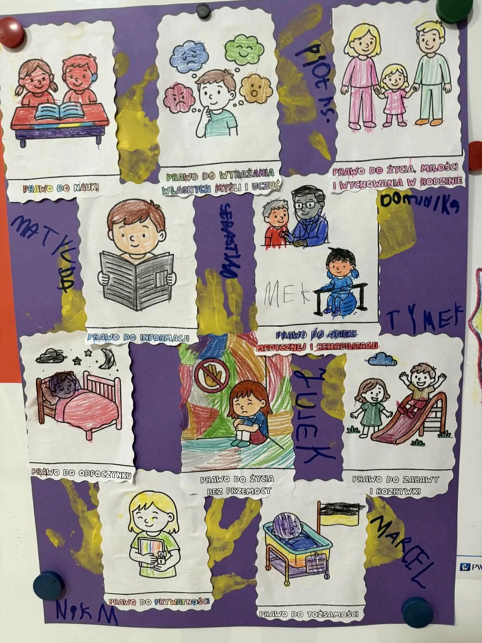 Plakat zrobiony przez przedszkolaków odnośnie praw dziecka 