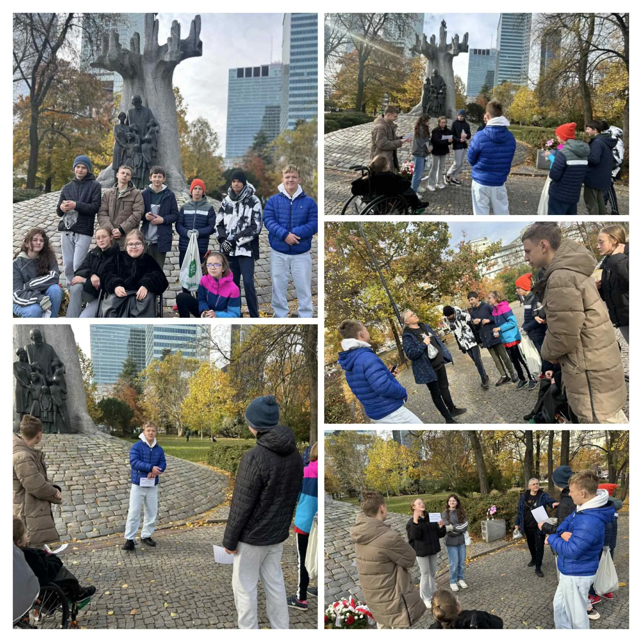 Kolaż zdjęć uczniów pod pomnikiem Janusza Korczaka