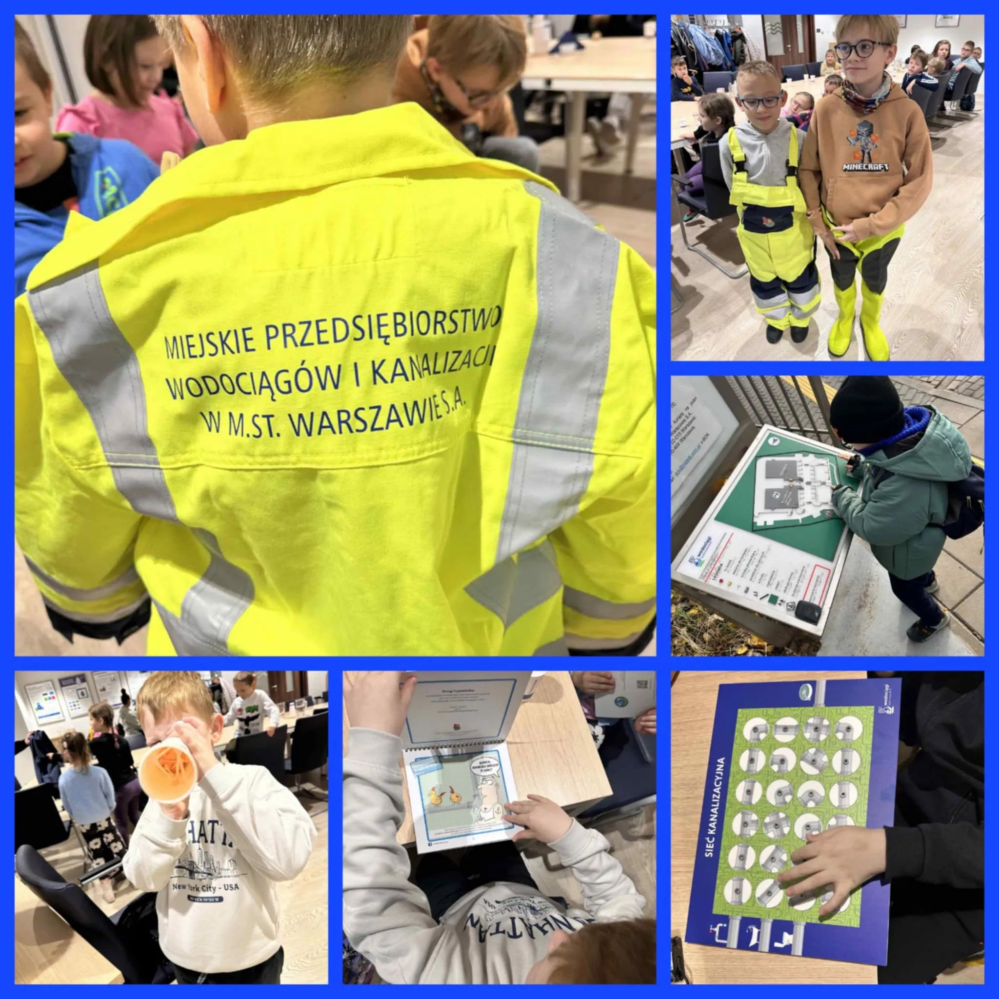 Kolaż zdjęć uczniów z warsztatów warszawskich wodociągów