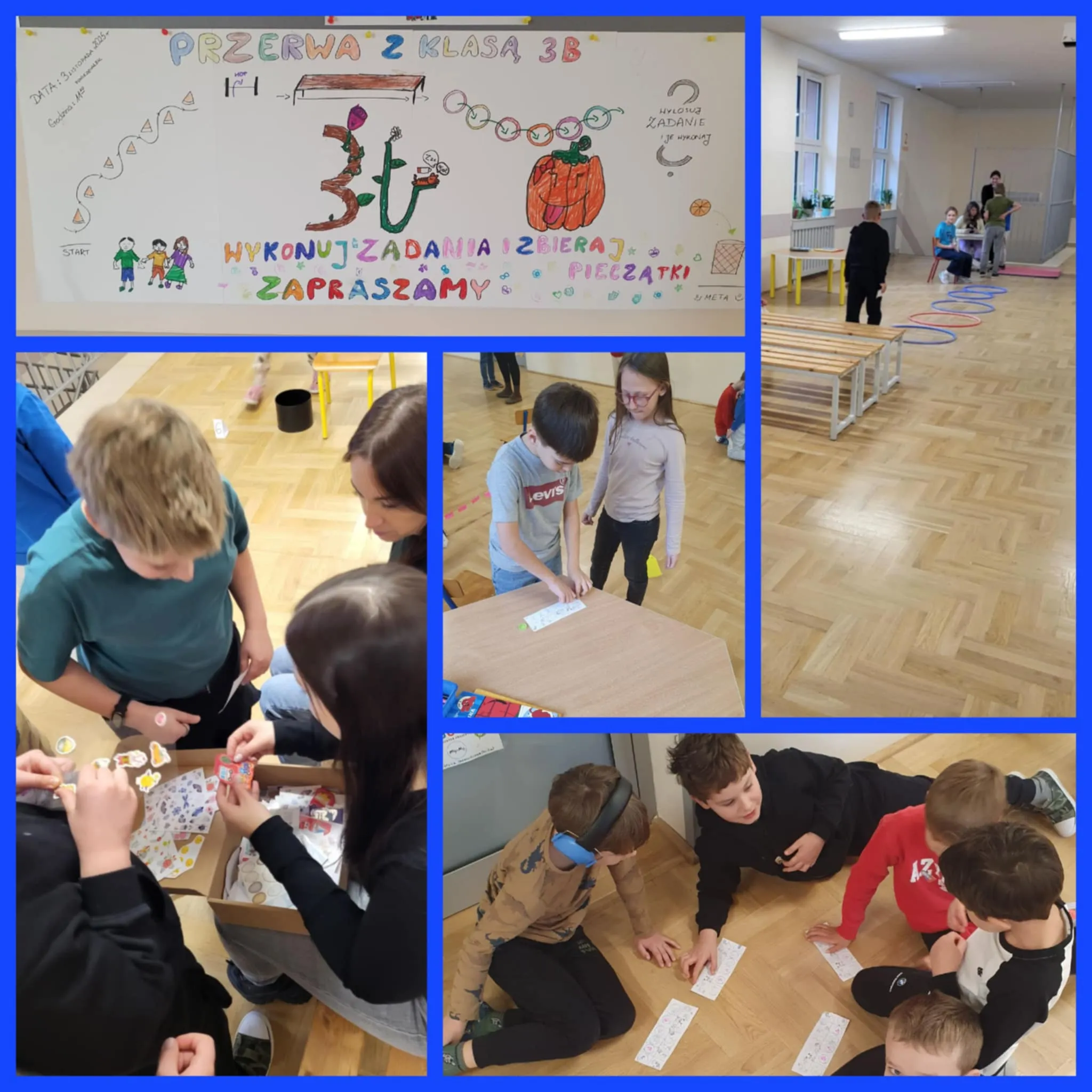 Kolaż zdjęć ze sportowej przerwy z klasą