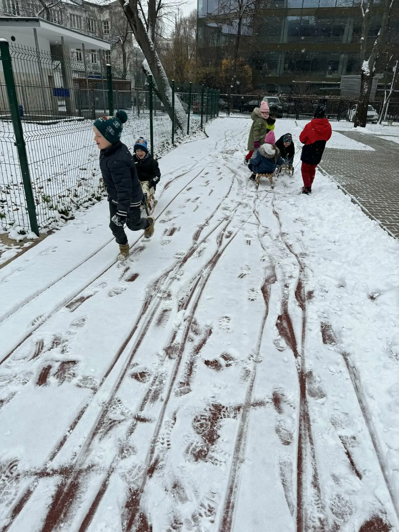 Przedszkolaki jeżdżące na sankach 