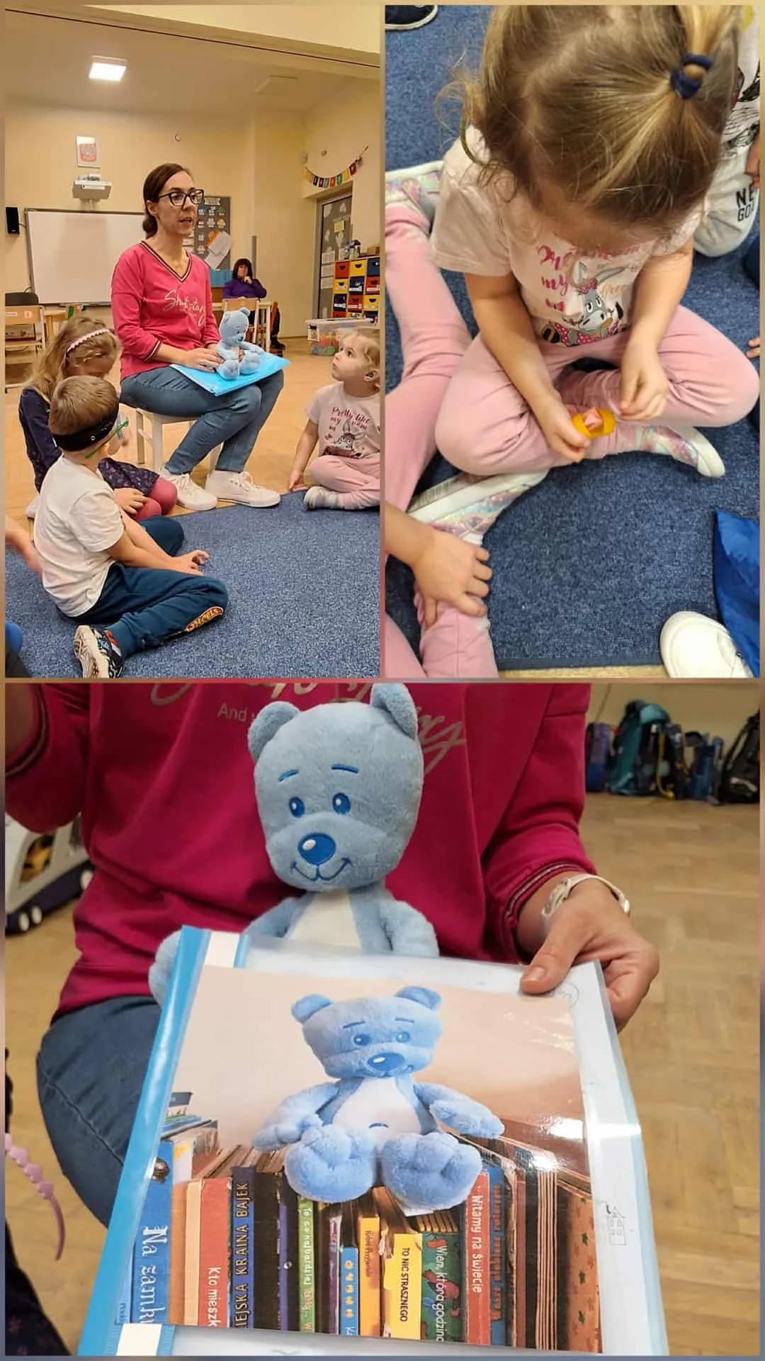Kolaż zdjęć dzieci słuchających czytanie książeczek