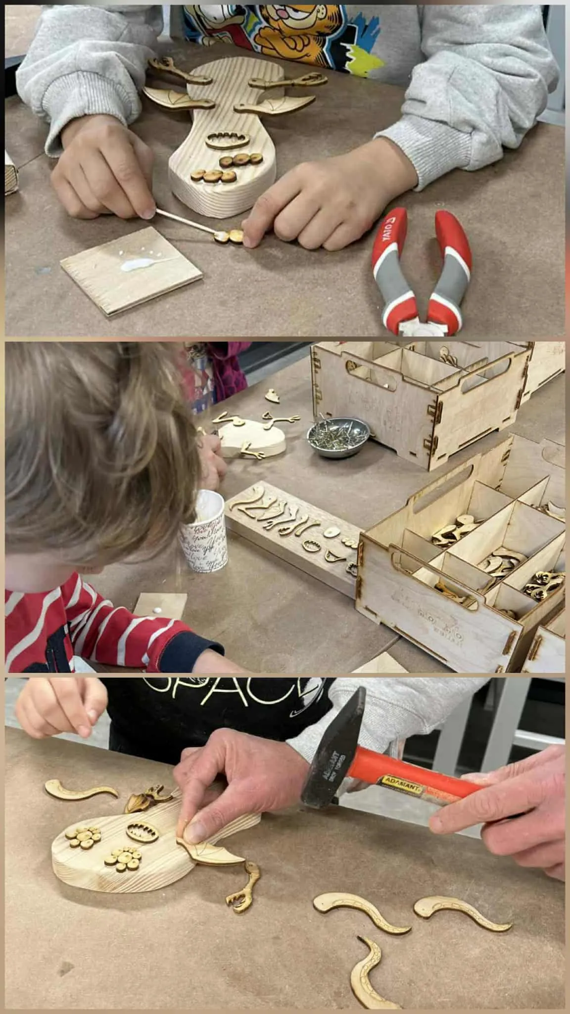 Kolaż zdjęć przedszkolaków robiących stwory z drewna
