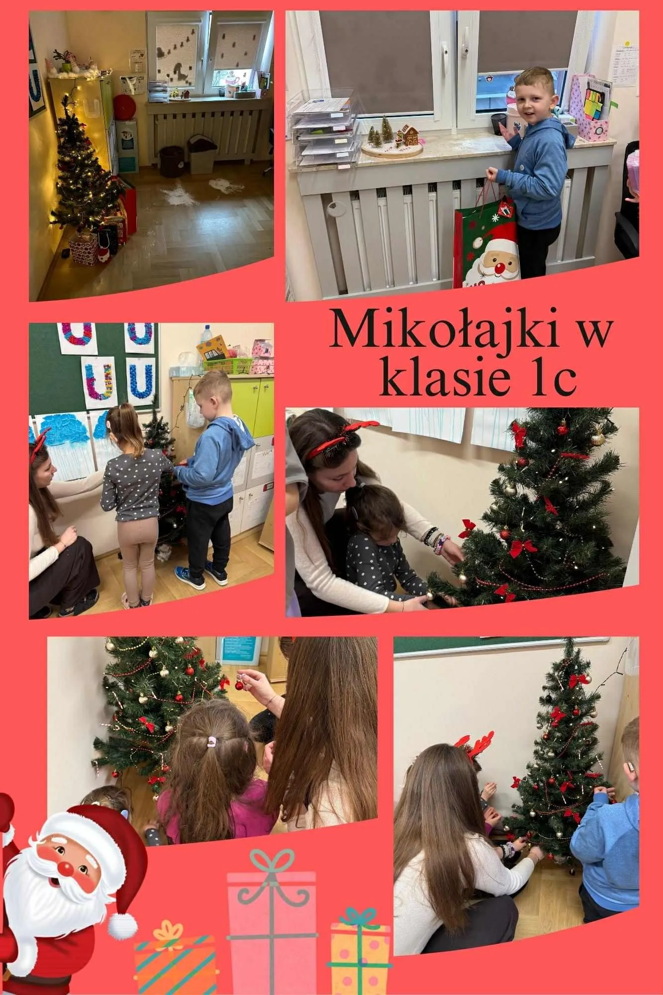 kolaż zdjęć z wizyty Mikołaja w klasie Ic