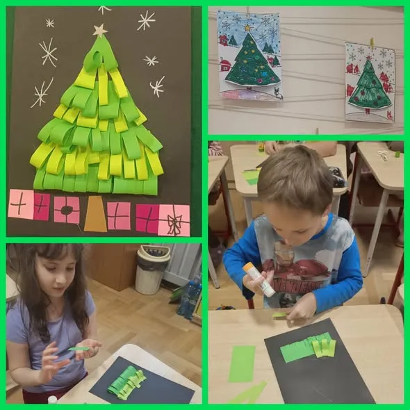 Uczniowie tworzą papierowe dekorację świąteczne