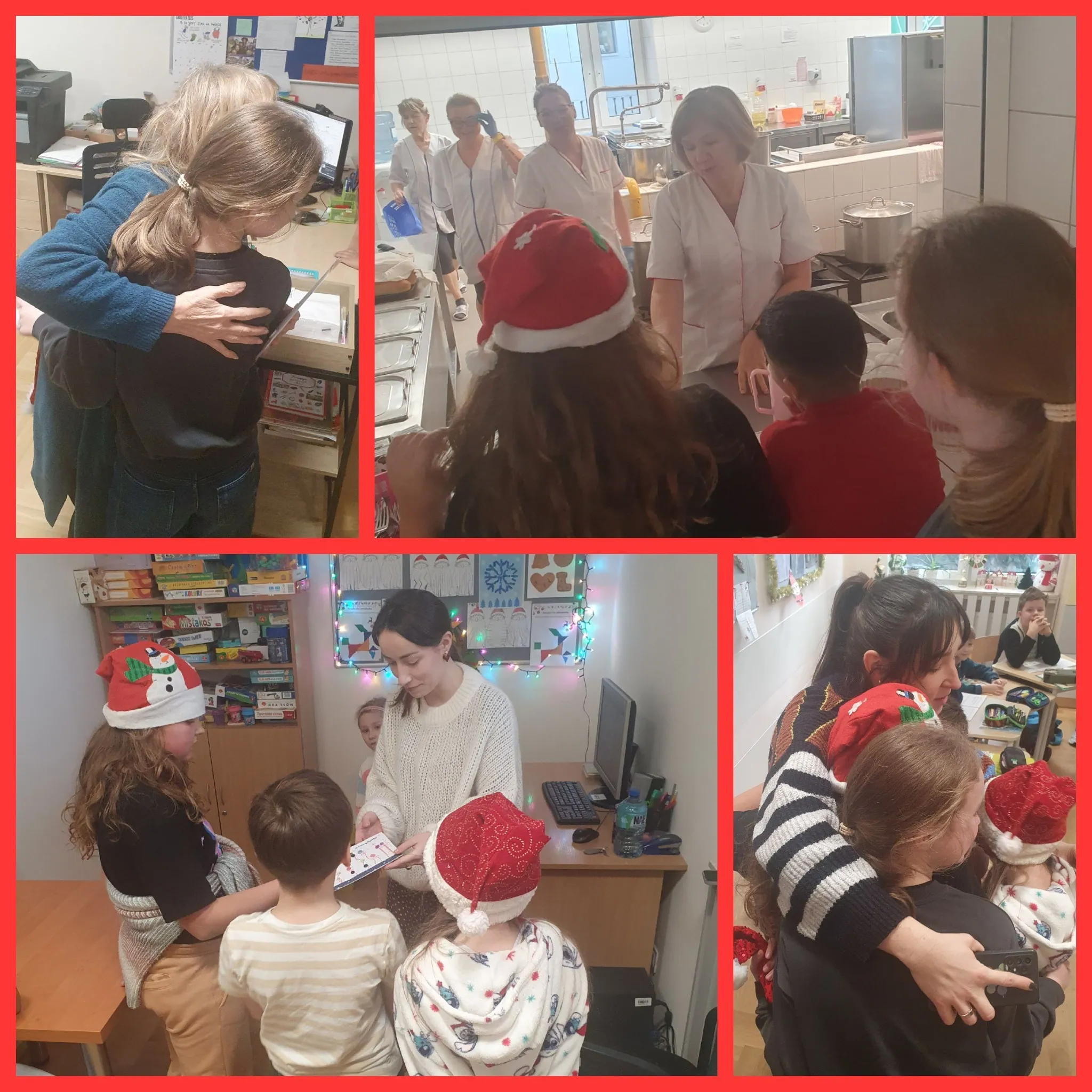 kolaż djęć dzieci rozdających własnoręcznie wykonanych kartek świątecznych