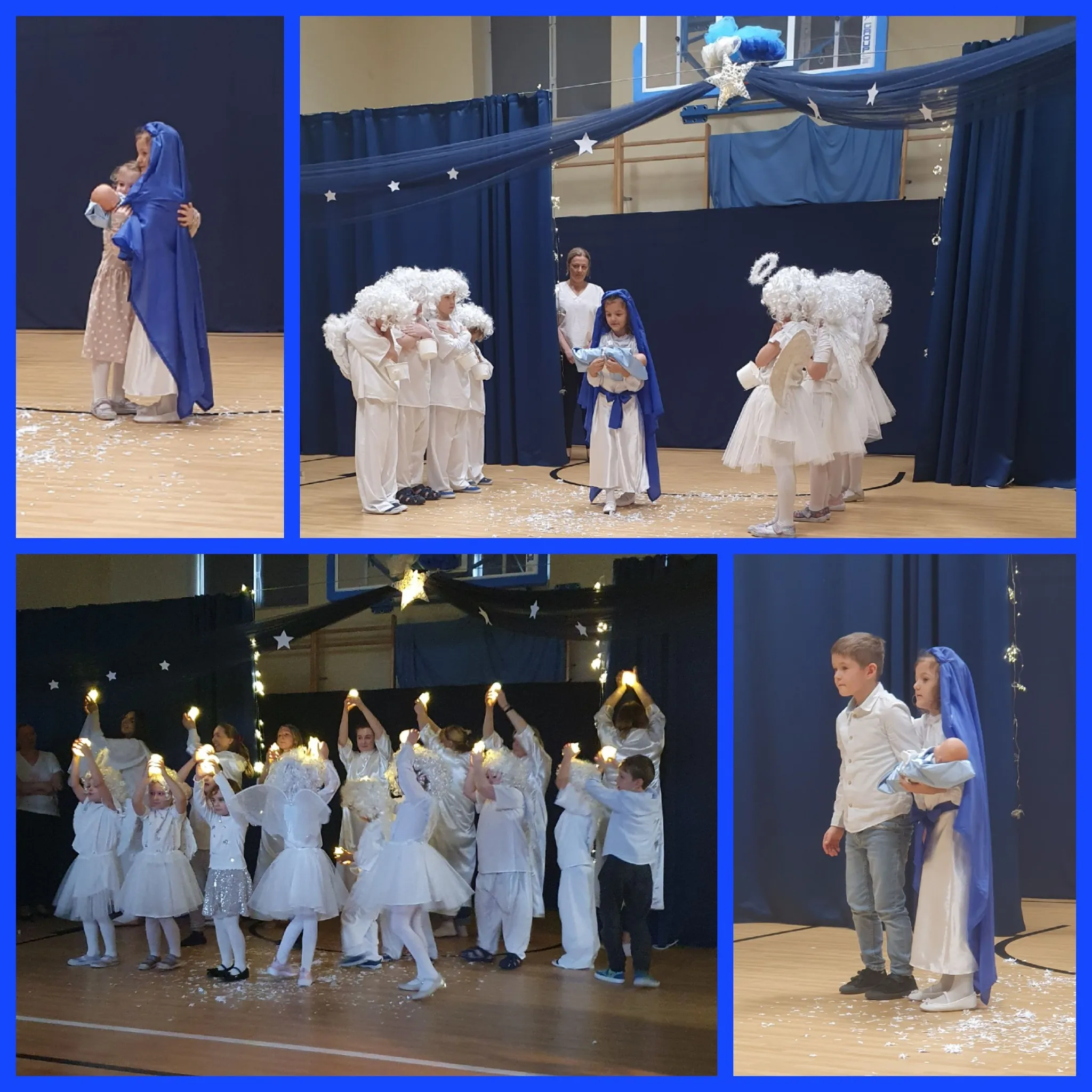 kolaż zdjęć z występu przedszkola podczas jasełek szkolnych