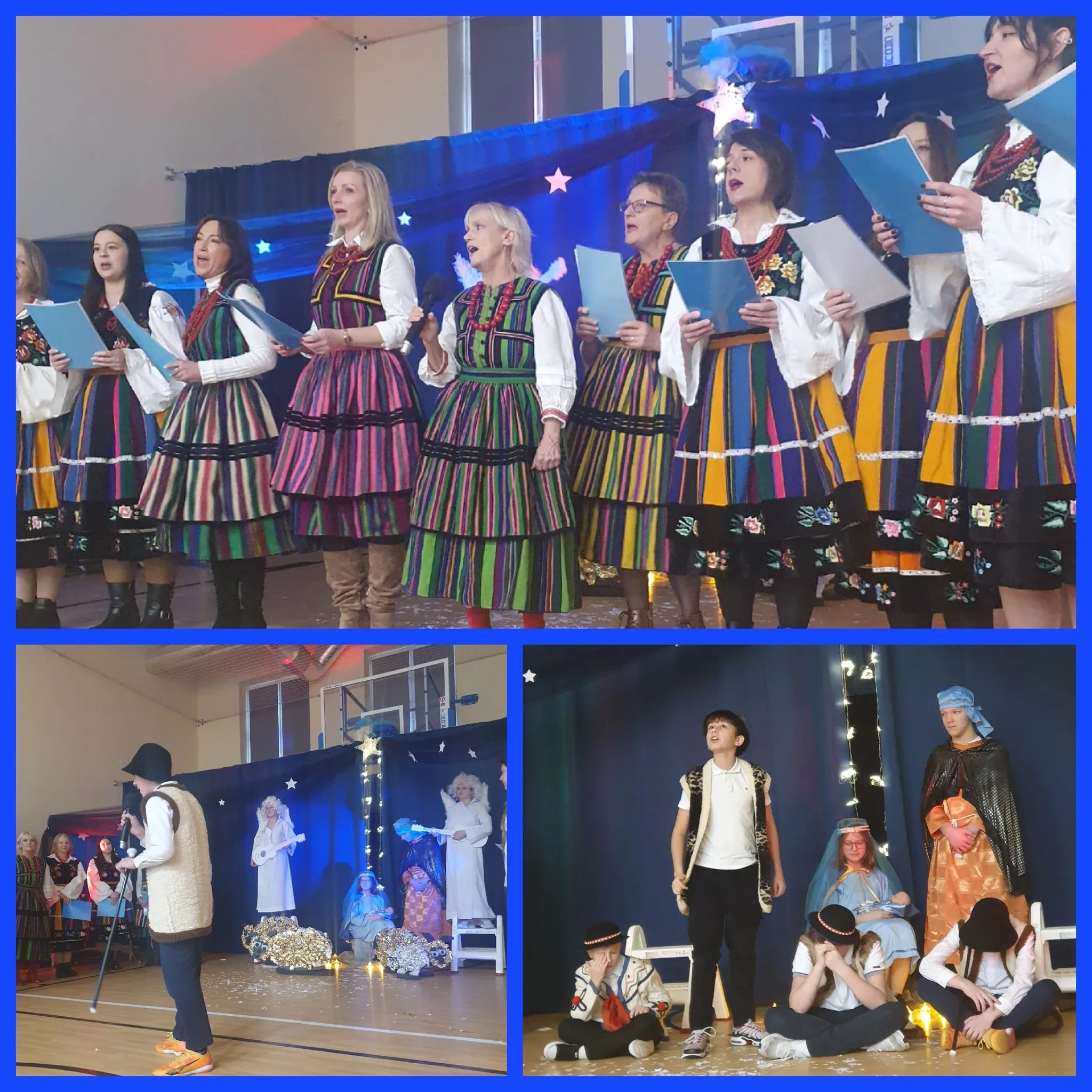 kolaż zdjęć przedstawiający występ uczniów i nauczycieli podczas jasełek szkolnych