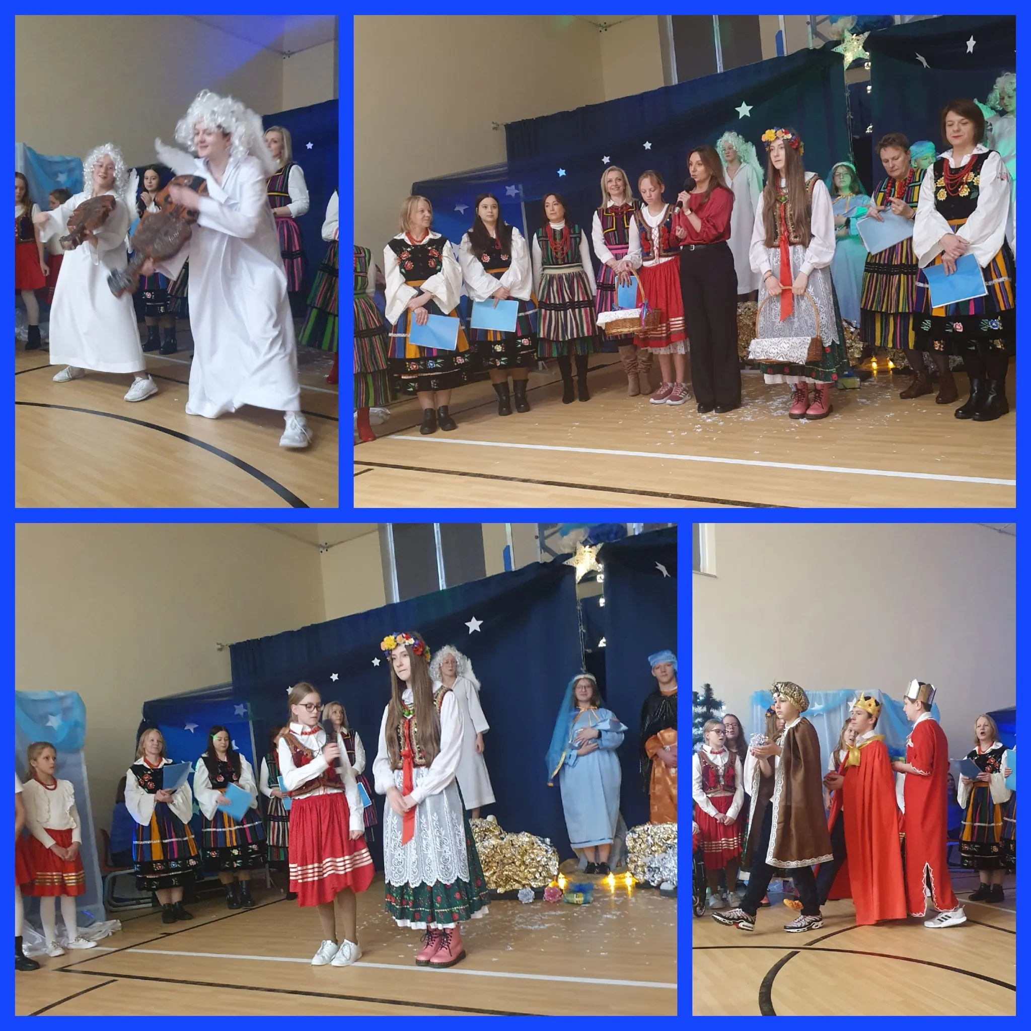 kolaż zdjęć przedstawiający występ uczniów i nauczycieli podczas jasełek szkolnych