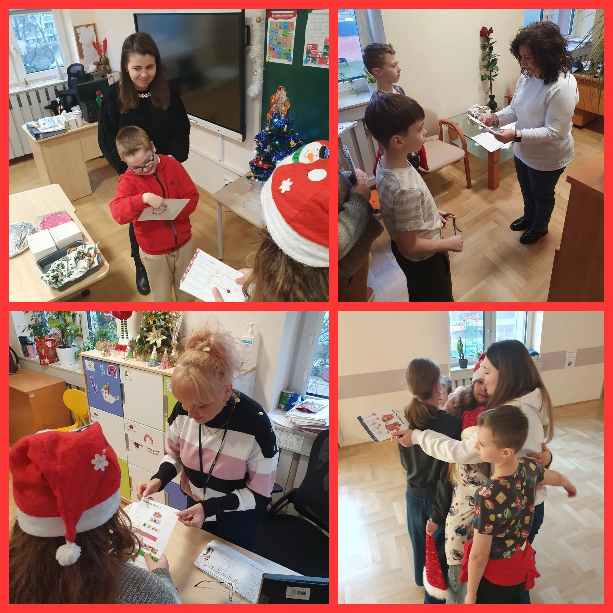 kolaż djęć dzieci rozdających własnoręcznie wykonanych kartek świątecznych